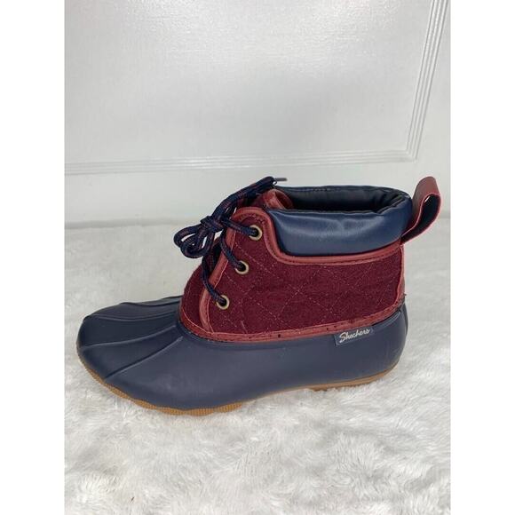 Skechers Womens Duck Boots Quilted Burgundy & Navy Waterproof Rubber Size 7 - Picture 7 of 8